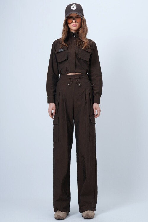 Hakim Yaka Çift Kapak Cepli Ceket Ve Bol Paça Pantolon Takım