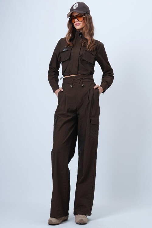 Hakim Yaka Çift Kapak Cepli Ceket Ve Bol Paça Pantolon Takım