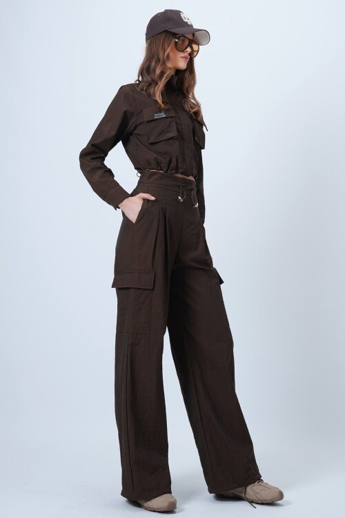 Hakim Yaka Çift Kapak Cepli Ceket Ve Bol Paça Pantolon Takım