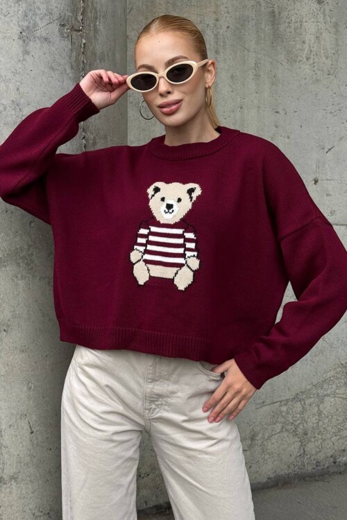 Ayıcık Baskılı Bisiklet Yaka Oversize Triko Kazak