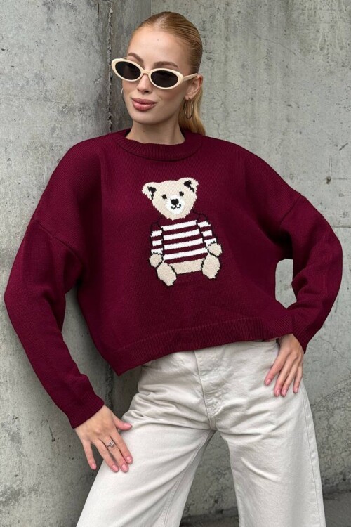 Ayıcık Baskılı Bisiklet Yaka Oversize Triko Kazak