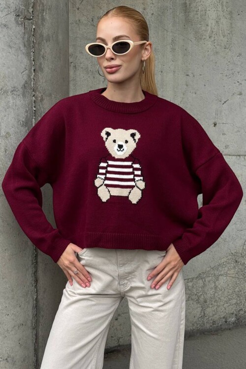 Ayıcık Baskılı Bisiklet Yaka Oversize Triko Kazak