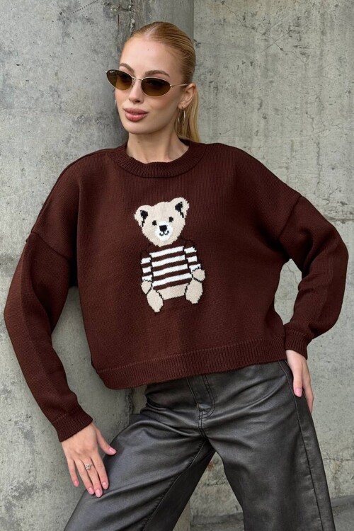 Ayıcık Baskılı Bisiklet Yaka Oversize Triko Kazak