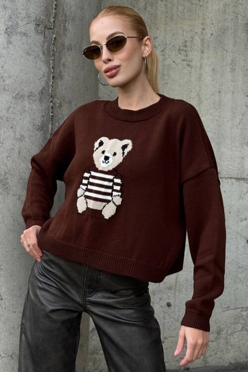 Ayıcık Baskılı Bisiklet Yaka Oversize Triko Kazak