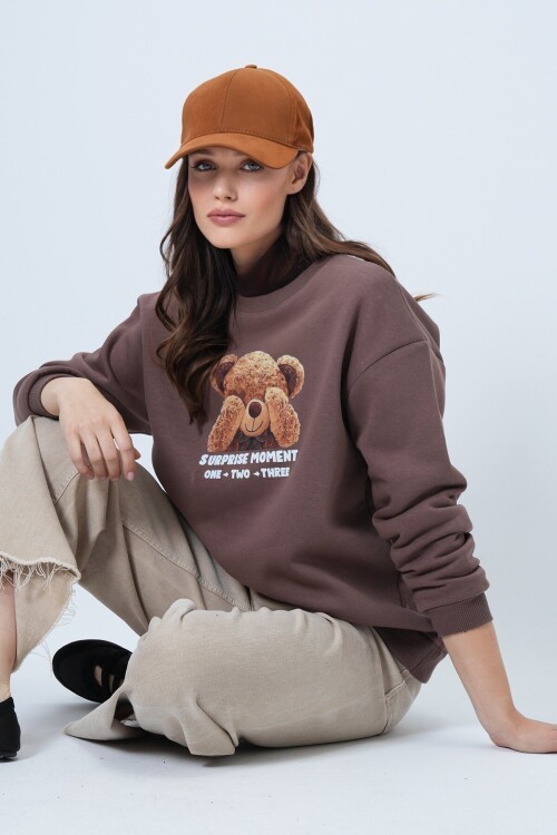 Ayıcık Baskılı Bisiklet Yaka Sweatshirt