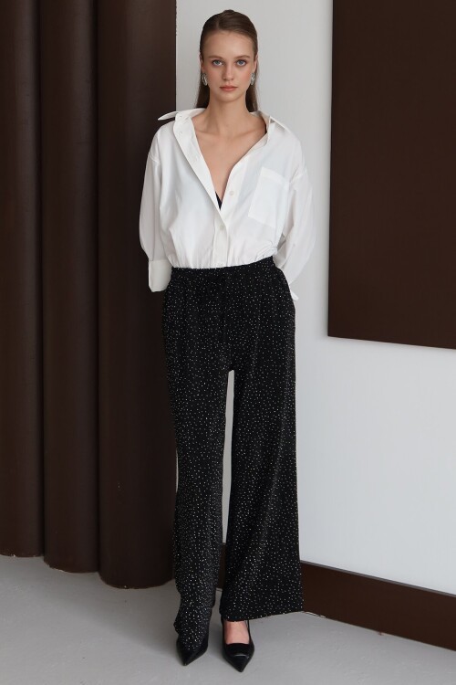 Bağcıklı Çift Cepli Taş İşlemeli Palazzo Pantolon