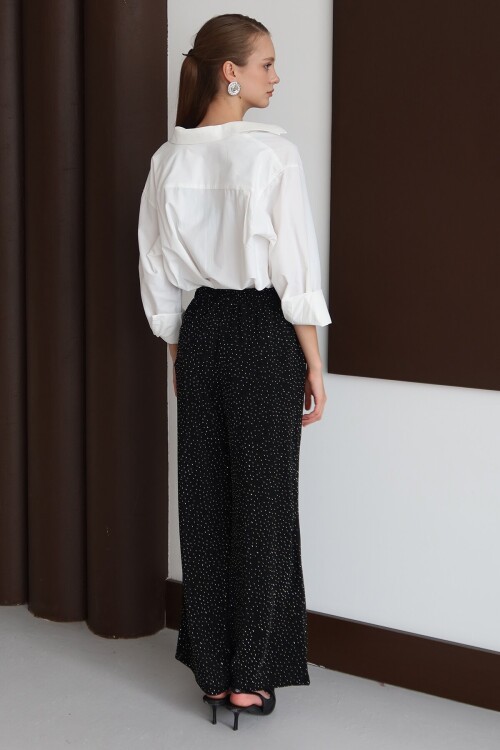 Bağcıklı Çift Cepli Taş İşlemeli Palazzo Pantolon