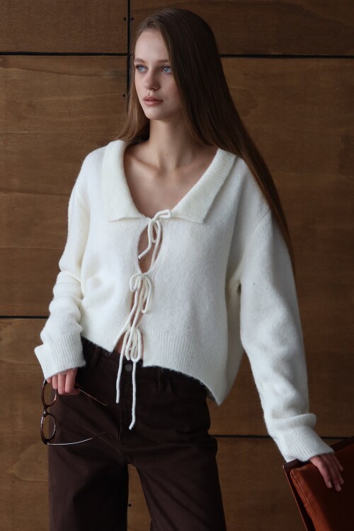 Bağlama Detaylı Polo Yaka Triko Hırka