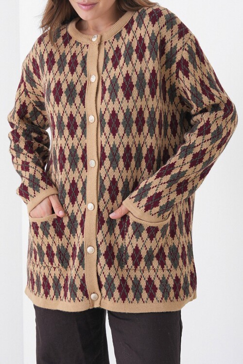 Baklava Desenli Düğmeli Cepli Triko Hırka