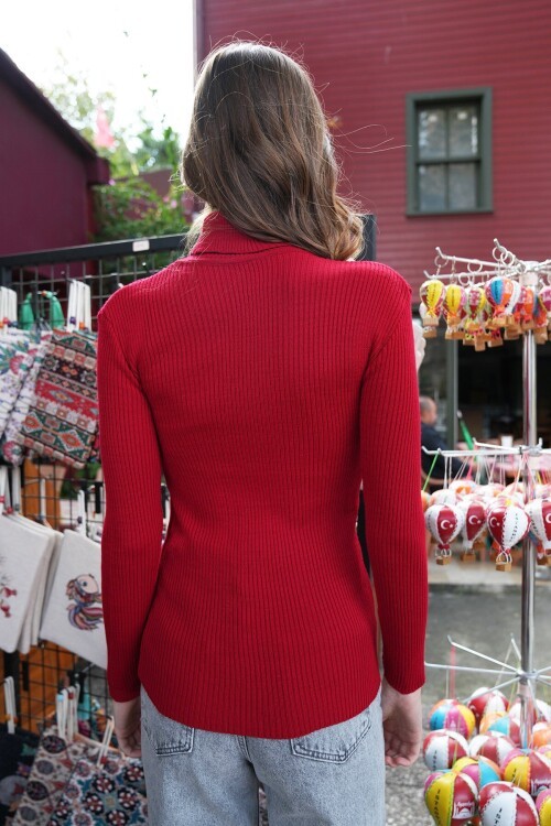 Balıkçı Yaka Fitilli Uzun Kollu Triko Kazak