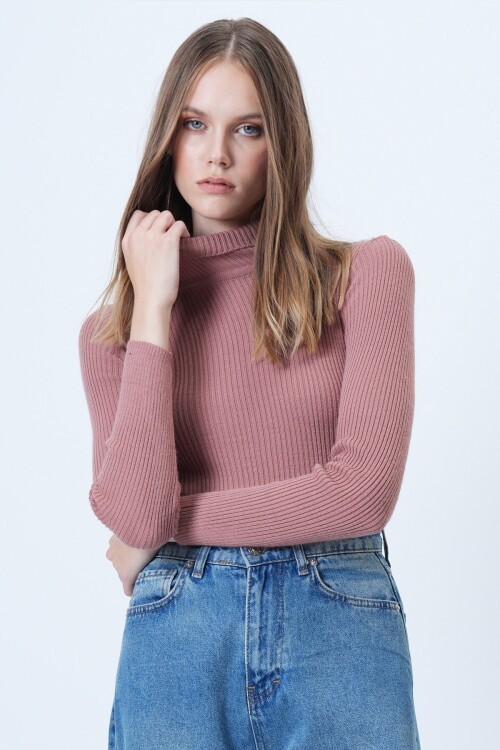 Balıkçı Yaka Fitilli Uzun Kollu Triko Kazak