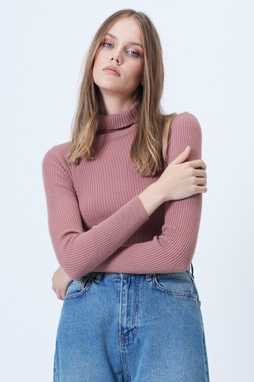 Balıkçı Yaka Fitilli Uzun Kollu Triko Kazak