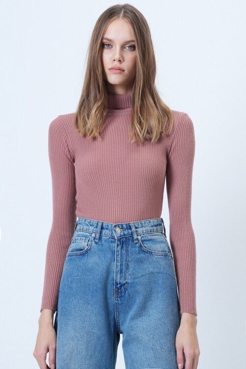 Balıkçı Yaka Fitilli Uzun Kollu Triko Kazak