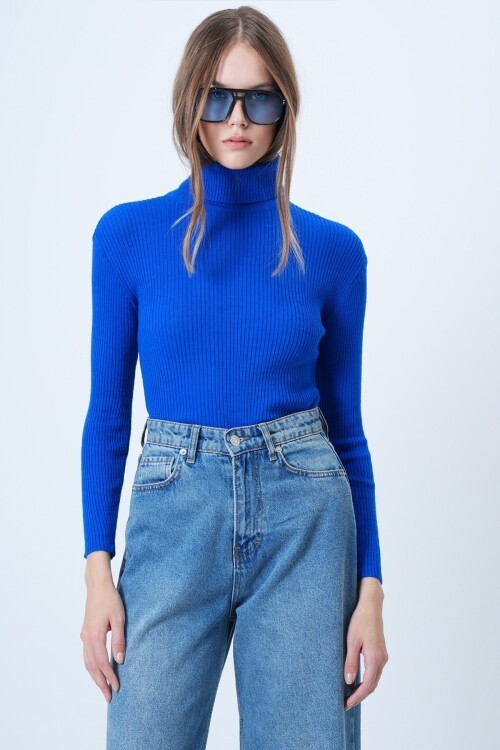 Balıkçı Yaka Fitilli Uzun Kollu Triko Kazak