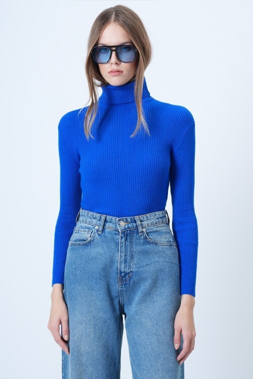 Balıkçı Yaka Fitilli Uzun Kollu Triko Kazak