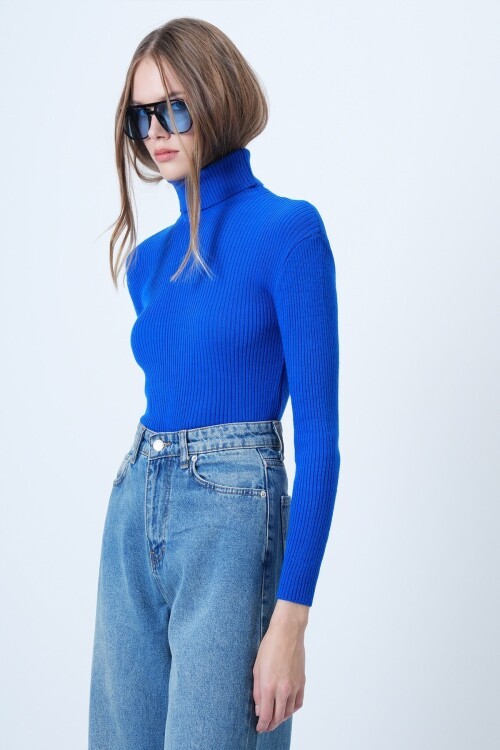 Balıkçı Yaka Fitilli Uzun Kollu Triko Kazak