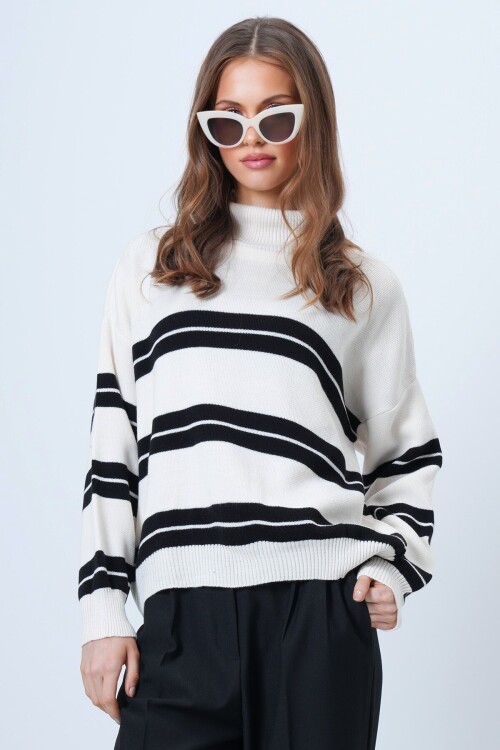 Balıkçı Yaka Kalom Çizgili Uzun Kollu Triko Kazak