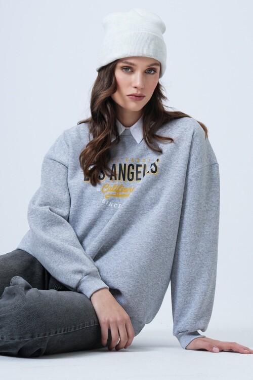 Baskılı Bisiklet Yaka Oversize Sweatshirt