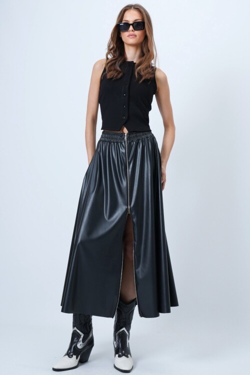 Beli Lastikli Fermuarlı Suni Deri Etek