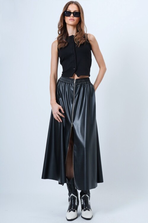 Beli Lastikli Fermuarlı Suni Deri Etek