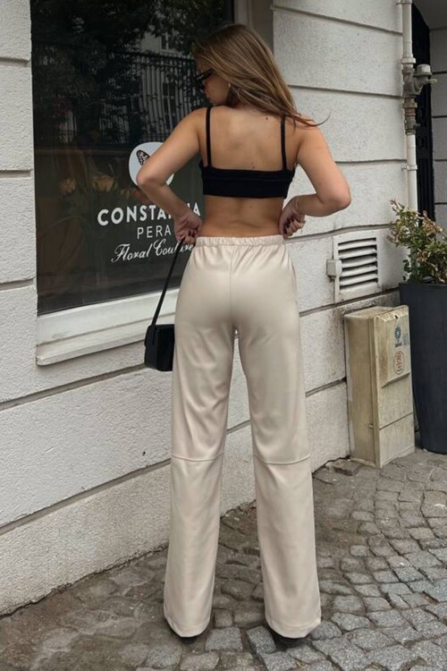 Beli Lastikli ve Bağcıklı Suni Deri Palazzo Pantolon