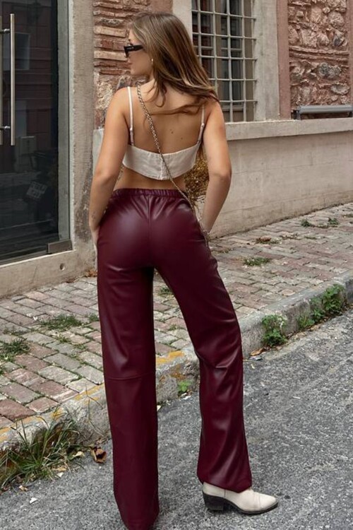 Beli Lastikli ve Bağcıklı Suni Deri Palazzo Pantolon