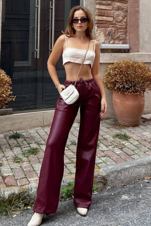 Beli Lastikli ve Bağcıklı Suni Deri Palazzo Pantolon