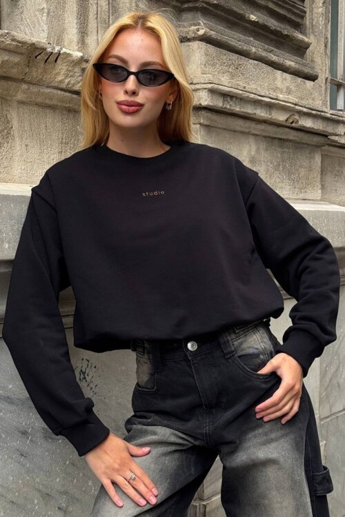 Bisiklet Yaka Baskılı Oversize 3 İplik Sweatshirt