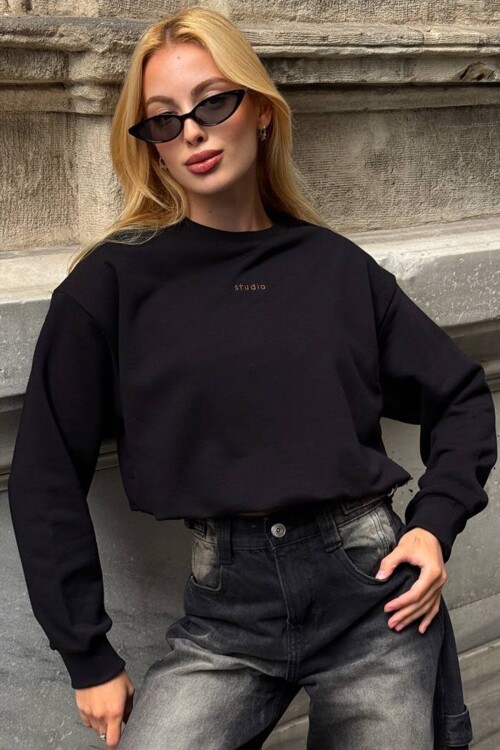 Bisiklet Yaka Baskılı Oversize 3 İplik Sweatshirt