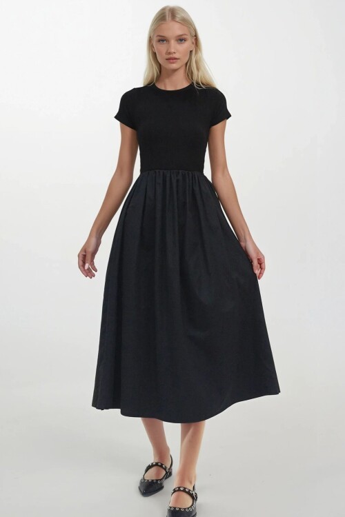 Bisiklet Yaka Beli Lastikli Renk Bloklu Maxi Boy Elbise