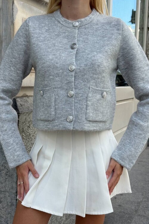 Bisiklet Yaka Çift Cepli Düğmeli Triko Hırka