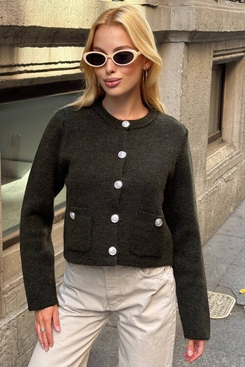 Bisiklet Yaka Çift Cepli Düğmeli Triko Hırka