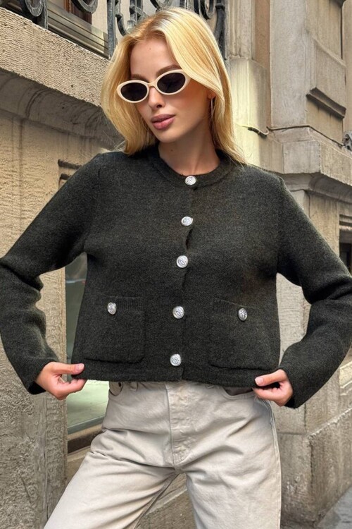 Bisiklet Yaka Çift Cepli Düğmeli Triko Hırka