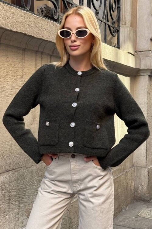 Bisiklet Yaka Çift Cepli Düğmeli Triko Hırka