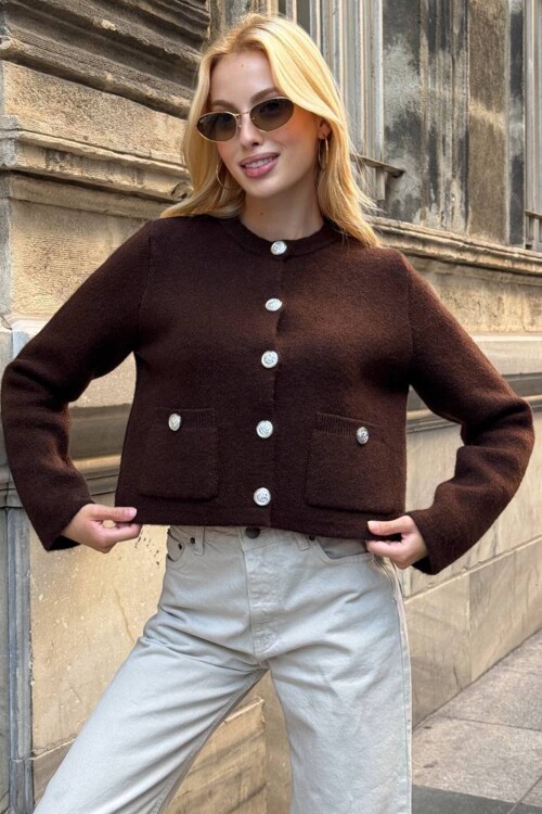 Bisiklet Yaka Çift Cepli Düğmeli Triko Hırka