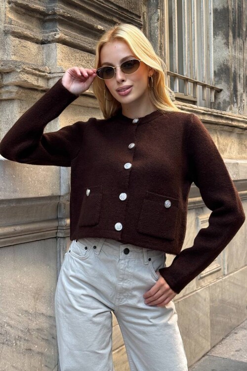 Bisiklet Yaka Çift Cepli Düğmeli Triko Hırka