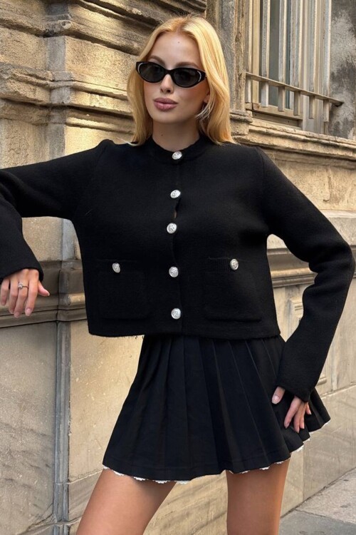 Bisiklet Yaka Çift Cepli Düğmeli Triko Hırka