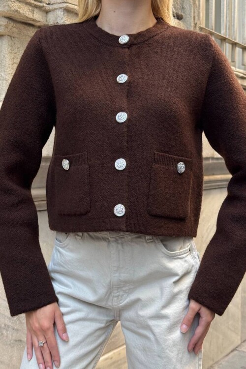 Bisiklet Yaka Çift Cepli Düğmeli Triko Hırka