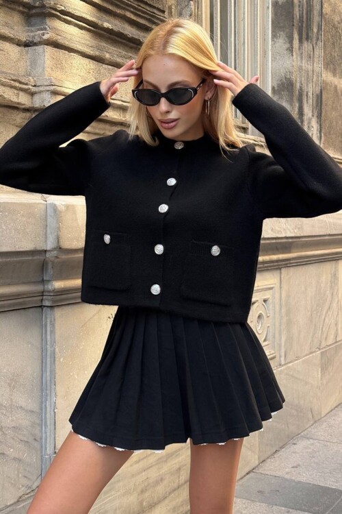 Bisiklet Yaka Çift Cepli Düğmeli Triko Hırka