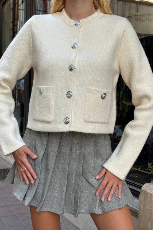 Bisiklet Yaka Çift Cepli Düğmeli Triko Hırka