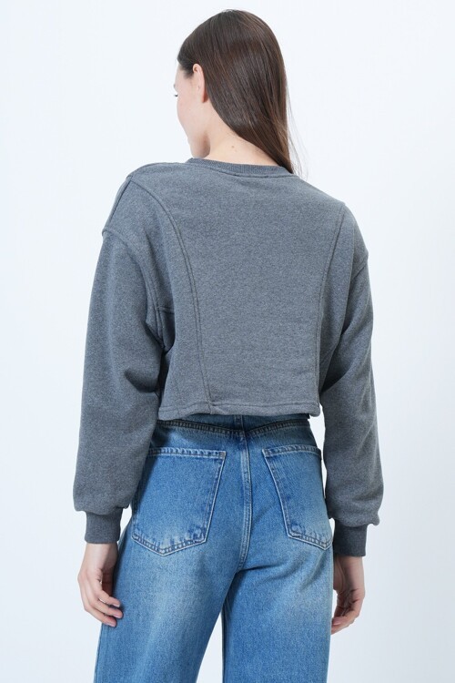 Bisiklet Yaka Dikiş Detaylı Crop Sweatshirt