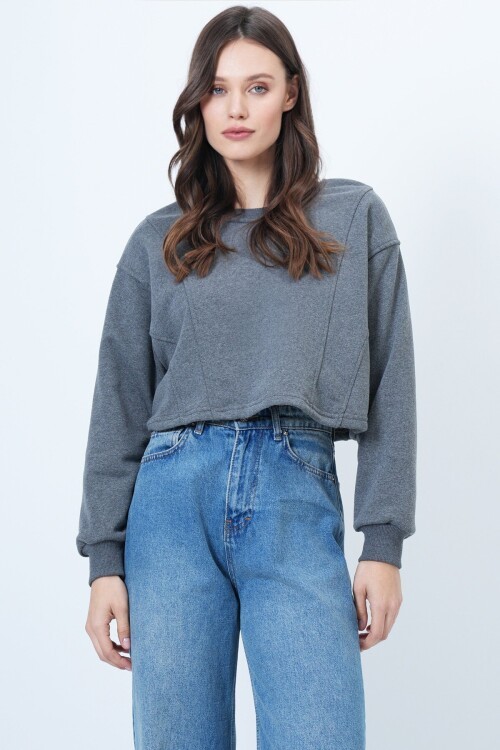Bisiklet Yaka Dikiş Detaylı Crop Sweatshirt