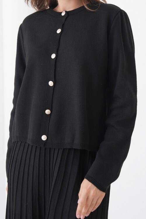 Bisiklet Yaka Düğmeli Hırka ve Pliseli Midi Boy Etek Takım