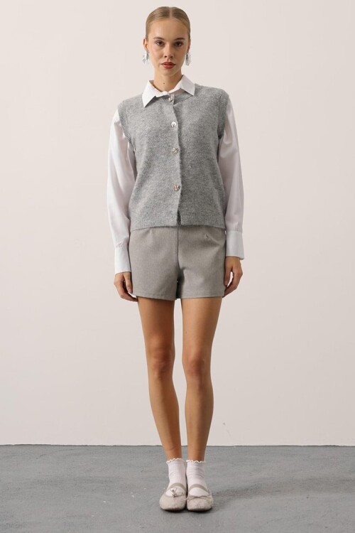 Bisiklet Yaka Düğmeli Kolsuz Triko Bluz