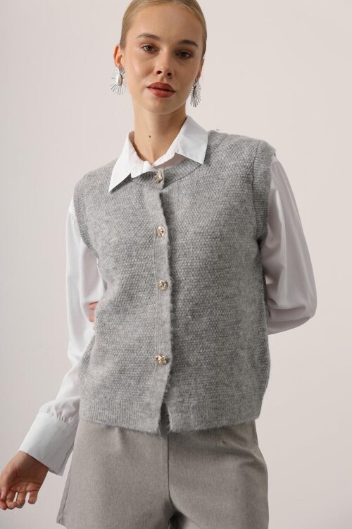 Bisiklet Yaka Düğmeli Kolsuz Triko Bluz