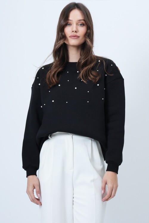 Bisiklet Yaka İnci Detaylı Oversize Sweatshirt