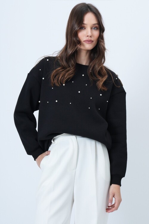 Bisiklet Yaka İnci Detaylı Oversize Sweatshirt