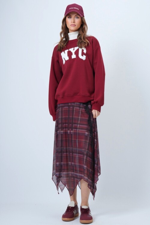 Bisiklet Yaka Nakışlı Ribanalı Uzun Kollu İçi Şardonlu 3 İplik Sweatshirt