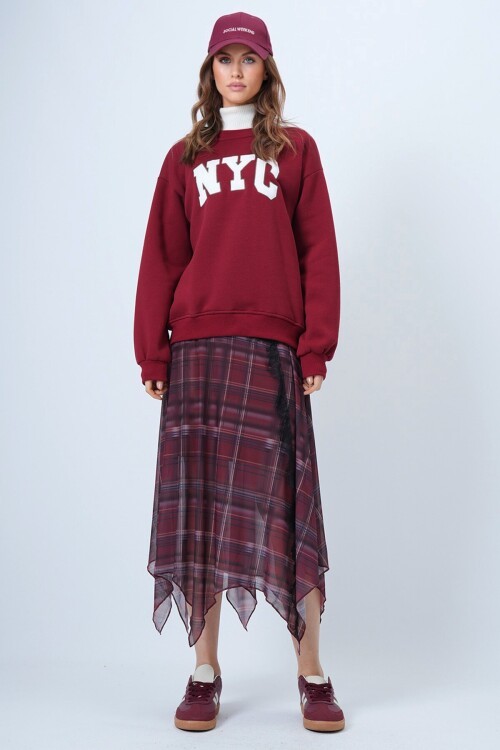 Bisiklet Yaka Nakışlı Ribanalı Uzun Kollu İçi Şardonlu 3 İplik Sweatshirt