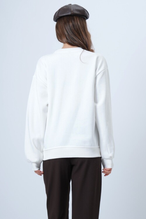 Bisiklet Yaka Nakışlı Ribanalı Uzun Kollu İçi Şardonlu 3 İplik Sweatshirt